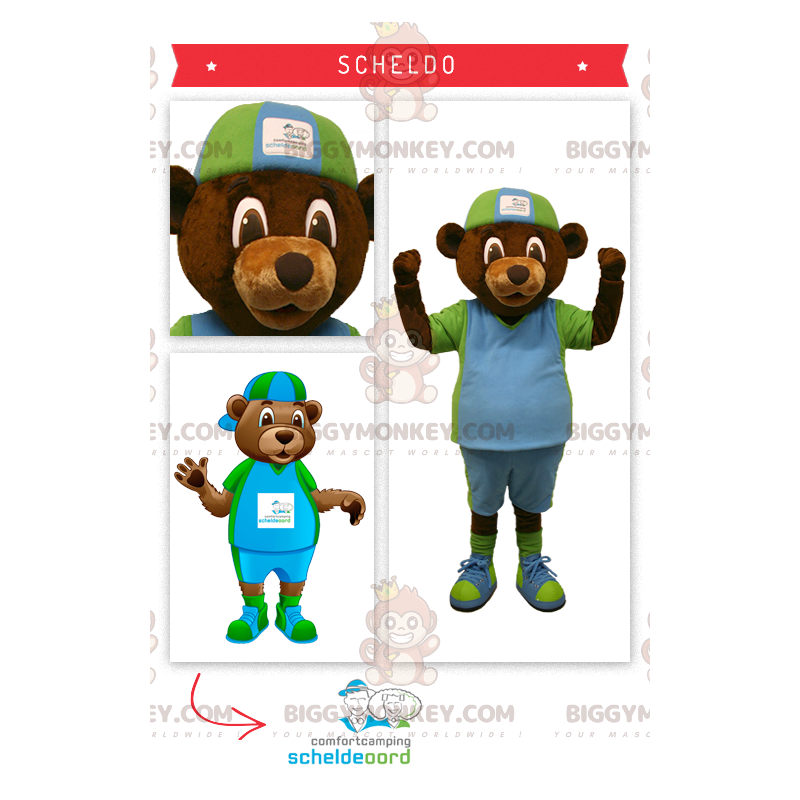 Costume de mascotte BIGGYMONKEY™ d'ours marron en tenue verte