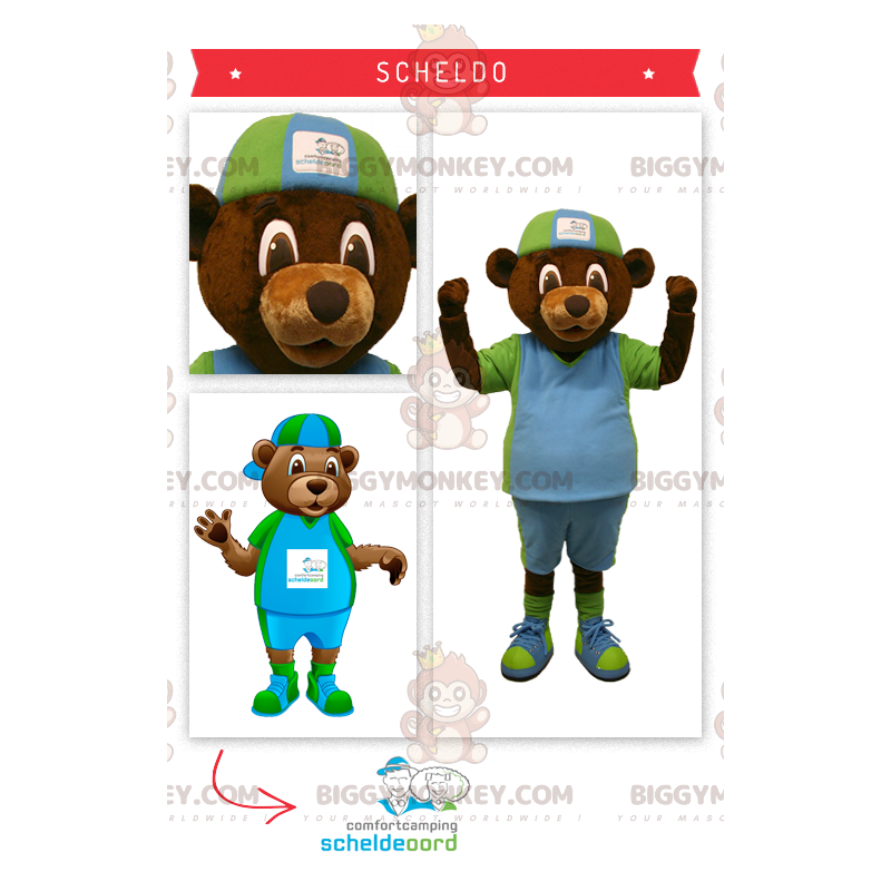 Traje de mascote BIGGYMONKEY™ de urso pardo em traje verde e