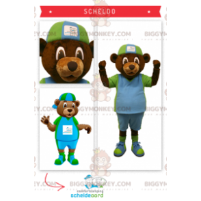 BIGGYMONKEY™ maskotdräkt av brun björn i grön och blå outfit -