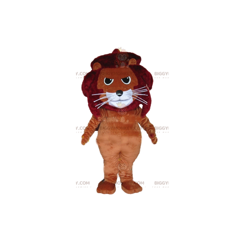 Disfraz de mascota león felino marrón, rojo y blanco de