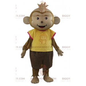 Bruine aap BIGGYMONKEY™ mascottekostuum gekleed in kleurrijke