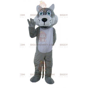 Disfraz de mascota de lobo gris y blanco de ojos azules