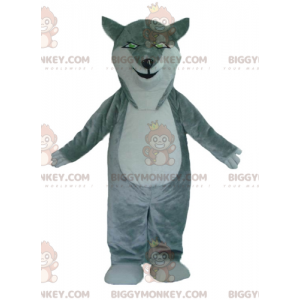 BIGGYMONKEY™ maskottiasu harmaa ja valkoinen susi vihreillä