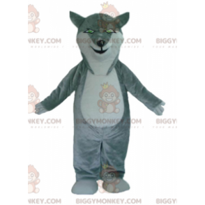 BIGGYMONKEY™ Mascottekostuum grijze en witte wolf met groene
