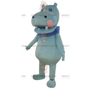 Traje de mascote BIGGYMONKEY™ hipopótamo azul com língua rosa
