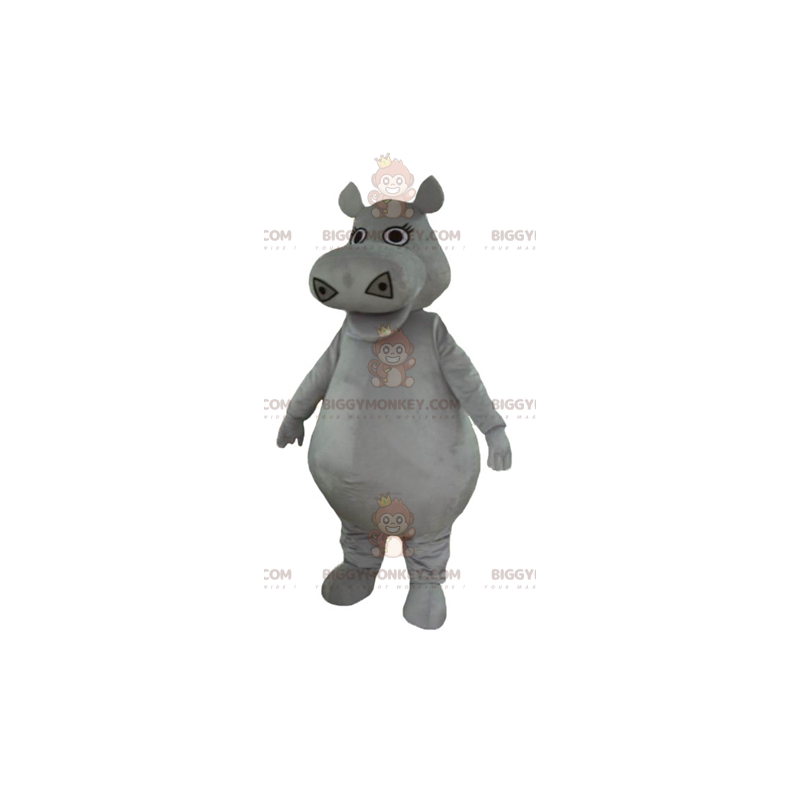 Lindo disfraz de mascota de hipopótamo gris gordo y regordete