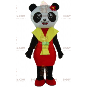 BIGGYMONKEY™ maskotdräkt av svart och vit panda med röd och gul