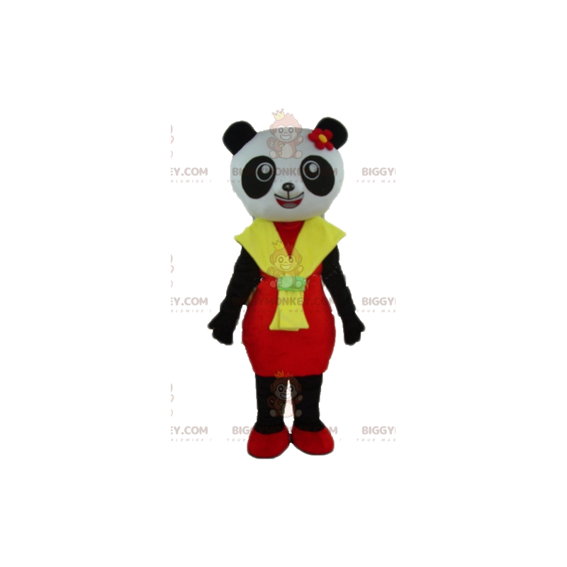 BIGGYMONKEY™ maskotkostume af sort og hvid panda med rød og gul