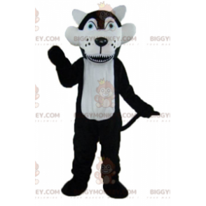 Traje de mascote de lobo preto e branco de olhos azuis