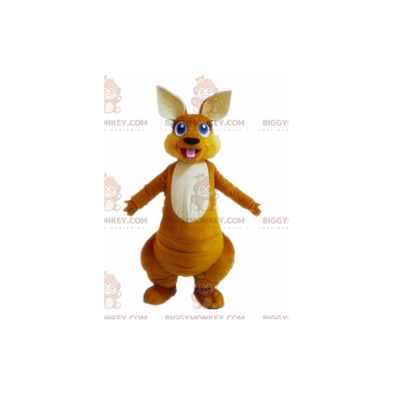 Kostým maskota BIGGYMONKEY™ s oranžovobílým klokanem s modrýma