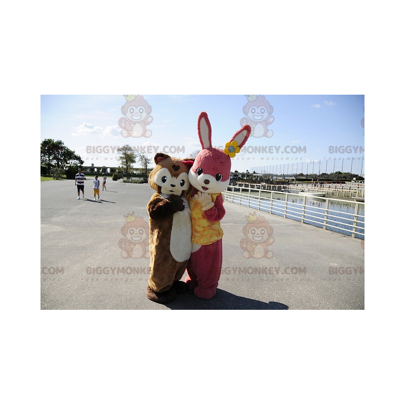 BIGGYMONKEY™ Pink Rabbit and Brown Guinea Pig Mascot Costume –