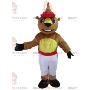 BIGGYMONKEY™ maskotdräkt av brun och gul bäver i vit och röd