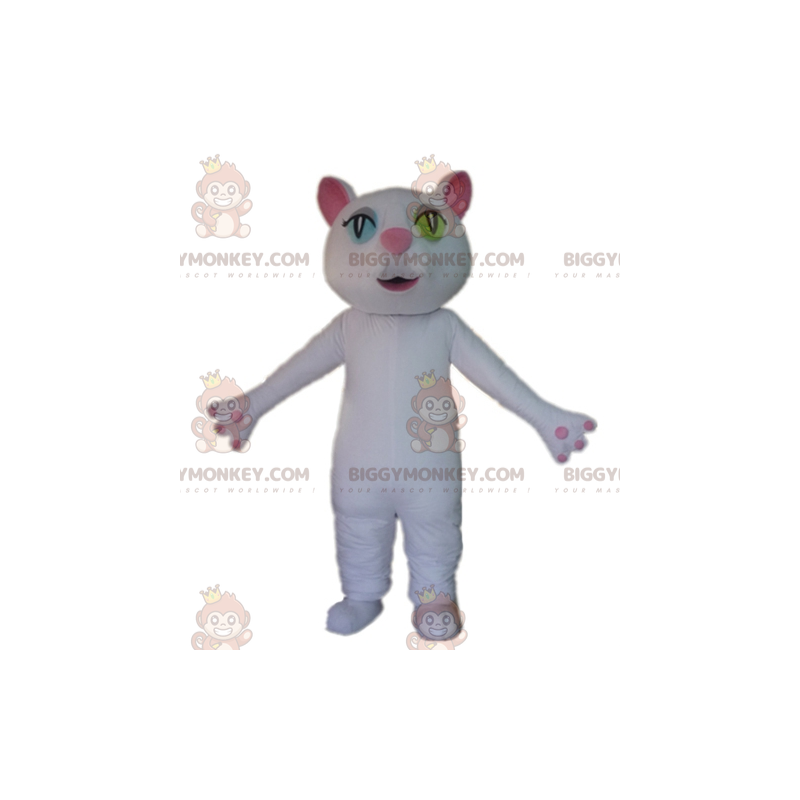 BIGGYMONKEY™ wit en roze kattenmascottekostuum met vreemde ogen