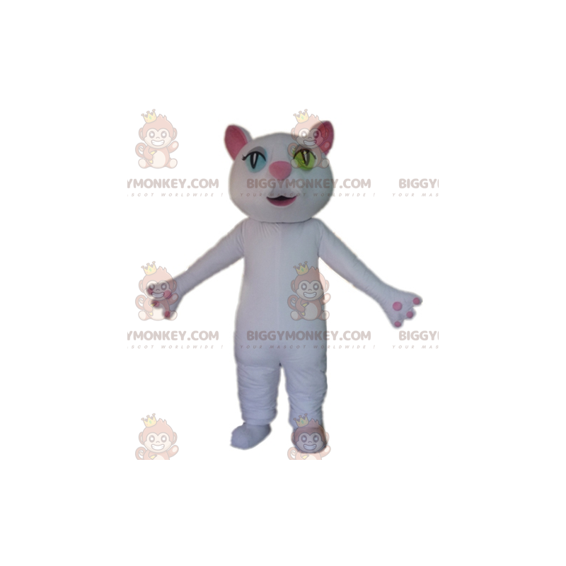 Traje de mascote de gato branco e rosa de olhos ímpares