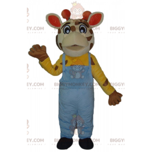 Giraffe BIGGYMONKEY™ mascottekostuum met blauwe overall -