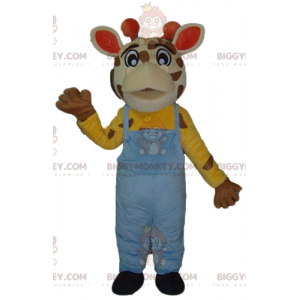 Giraffe BIGGYMONKEY™ maskotdräkt med blå overall - BiggyMonkey