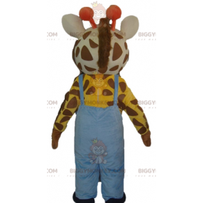 Giraffen-BIGGYMONKEY™-Maskottchen-Kostüm mit blauem Overall -