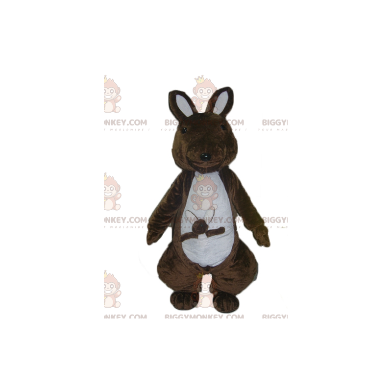 Fantasia de mascote de canguru marrom e branco com bebê