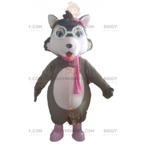 Costume de mascotte BIGGYMONKEY™ de loup gris blanc et rose