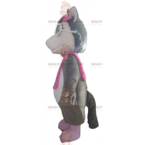 BIGGYMONKEY™ Costume da mascotte lupo grigio bianco e rosa con
