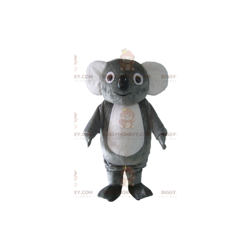 Disfraz de mascota de koala gris y blanco regordete suave y