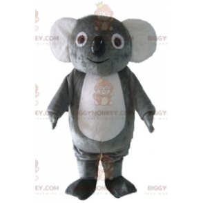 Disfraz de mascota de koala gris y blanco regordete suave y