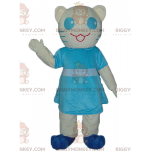 Traje de mascote de gato branco e azul BIGGYMONKEY™ com vestido