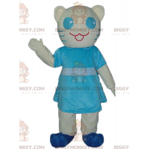 Vit och blå katt BIGGYMONKEY™ maskotdräkt med blå klänning -