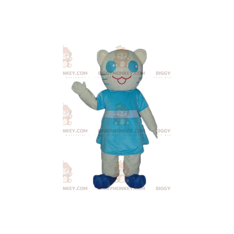 Traje de mascote de gato branco e azul BIGGYMONKEY™ com vestido