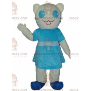Kostým maskota bílé a modré kočky BIGGYMONKEY™ s modrými šaty –