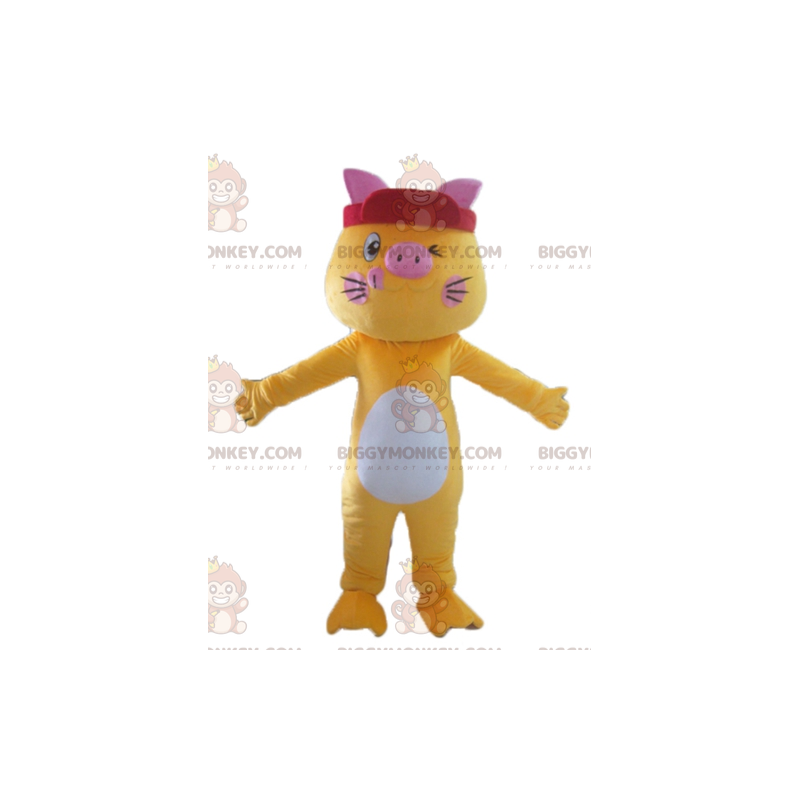 Costume de mascotte BIGGYMONKEY™ de chat jaune blanc et rose