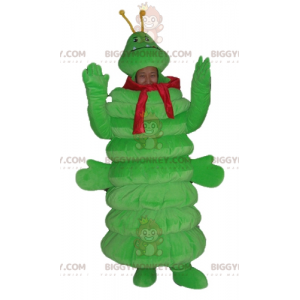 BIGGYMONKEY™ maskotkostume Kæmpegrøn larve med rødt tørklæde -