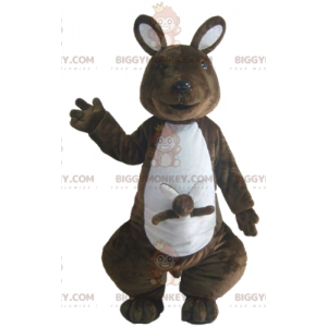 Bruine en witte kangoeroe met baby BIGGYMONKEY™ mascottekostuum
