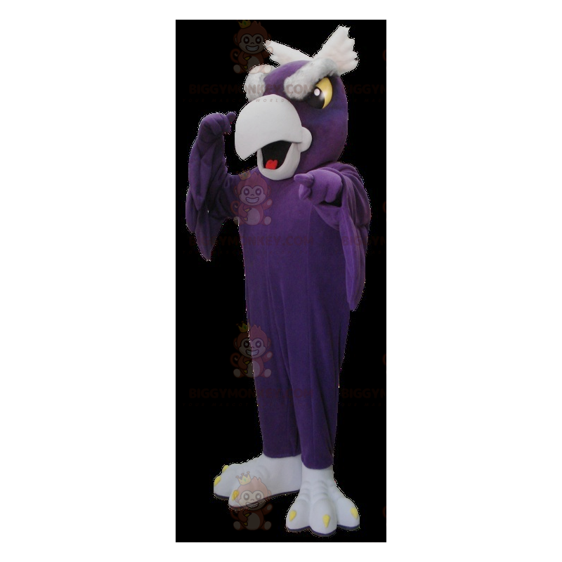 Traje de mascote de pássaro BIGGYMONKEY™ de abutre roxo e cinza