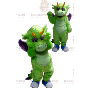 Traje de mascote de dragão verde e roxo BIGGYMONKEY™ –