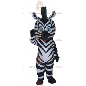 Traje de mascote de zebra preto e branco de olhos azuis