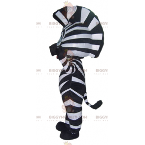 Traje de mascote de zebra preto e branco de olhos azuis