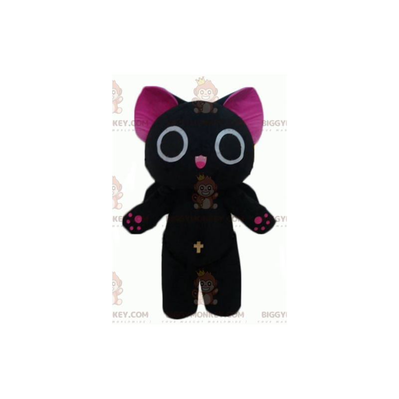 Traje de mascote engraçado e original de gato preto e rosa