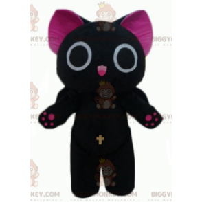 Traje de mascote engraçado e original de gato preto e rosa