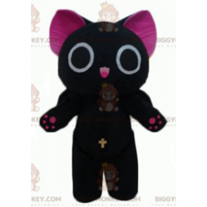 Αστεία και πρωτότυπη στολή μασκότ με παχιά μαύρη και ροζ γάτα