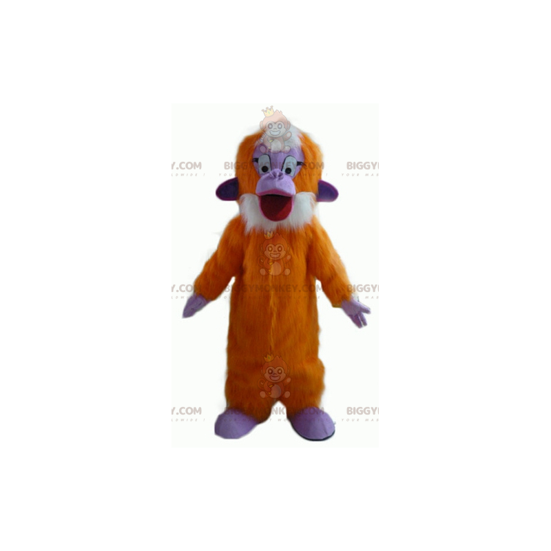 Kostým maskota oranžově fialové a bílé celochlupaté opice