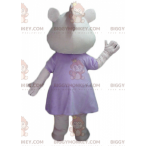 BIGGYMONKEY™ mascottekostuum roze en wit nijlpaard in jurk -