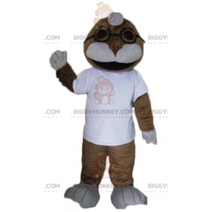 Traje de mascote BIGGYMONKEY™ de foca marrom e branca de leão