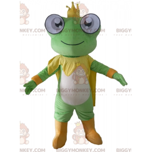 Kostým maskota BIGGYMONKEY™ Zelená, žlutá a bílá žába s korunou