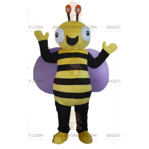 Mycket leende svart och gult bi BIGGYMONKEY™ maskotdräkt -