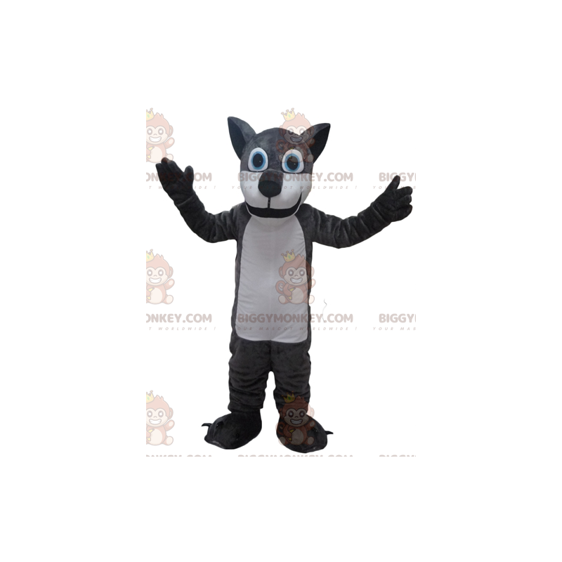 Traje de mascote de lobo gigante cinza e branco BIGGYMONKEY™ –