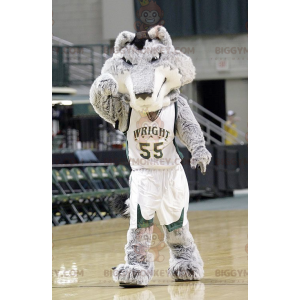 Costume de mascotte BIGGYMONKEY™ de loup gris et blanc en tenue