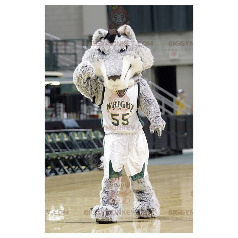 Costume de mascotte BIGGYMONKEY™ de loup gris et blanc en tenue