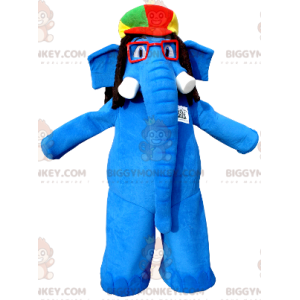 Blauwe olifant BIGGYMONKEY™ mascottekostuum met bril en