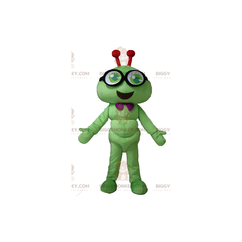 Traje de mascote de lagarta verde inseto sorridente